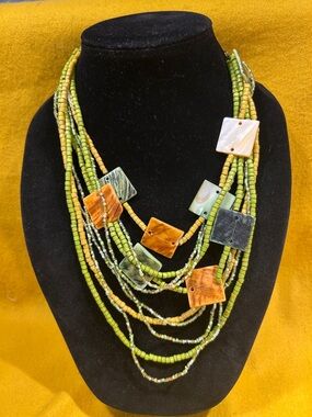 EsMore Layered Green Beaded Necklace with Mixed Shell Square  Accents IGC